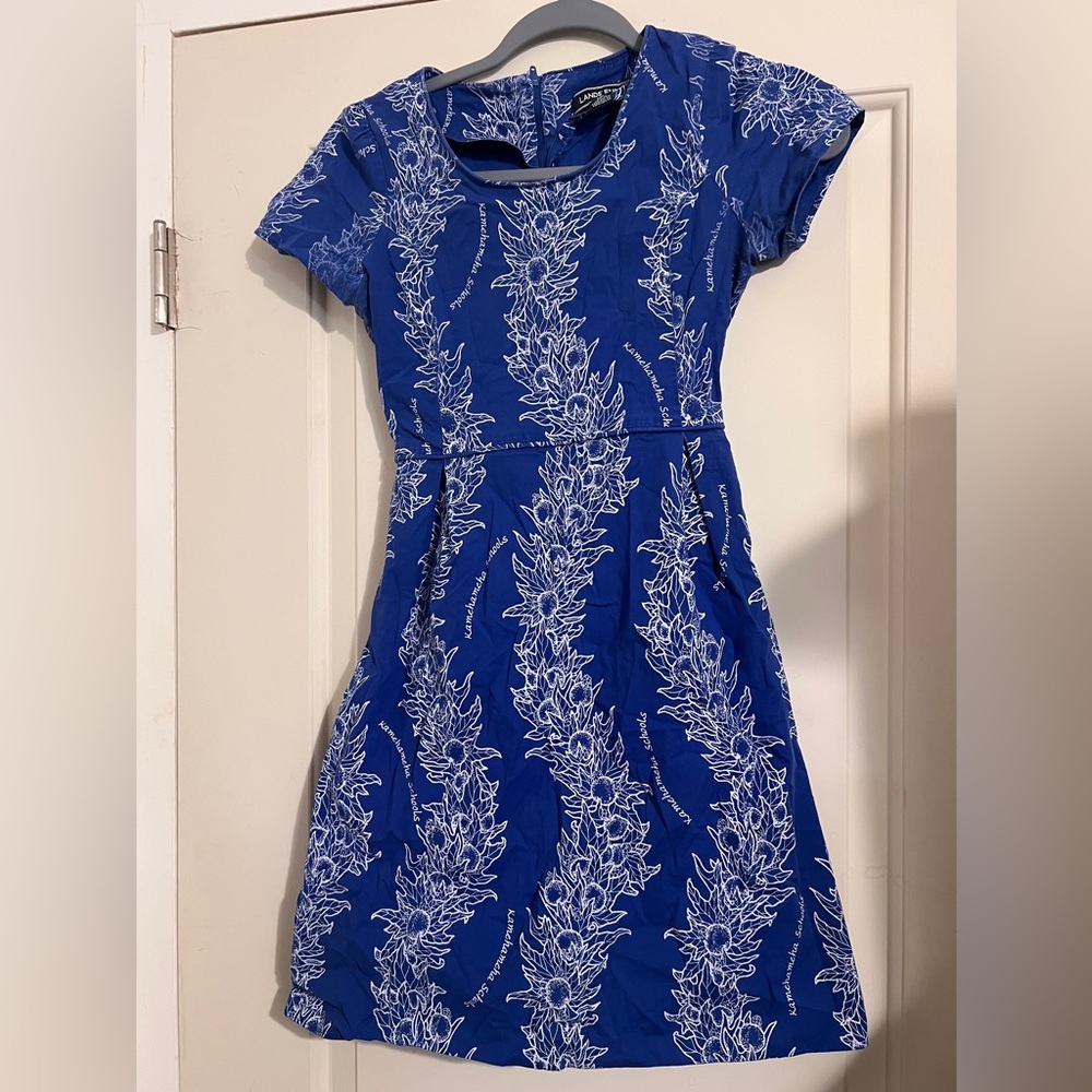 Kamehameha Schools Kukui Print Blue White Girls Uniform Dress Hawaiian 10-12